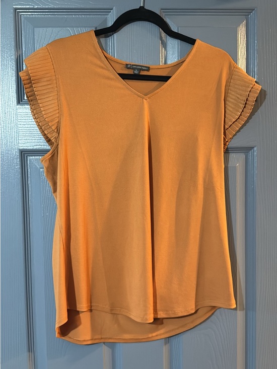 Pleione Tops - Pleione Orange V-Neck Pleated Cap Sleeve Blouse